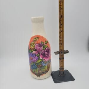 Vintage Hand Painted Pottery Vase White Multu Floral Design Ceramic Long Neck